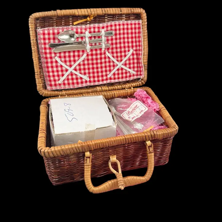 Miniature Porcelain Tea Set With Teddy Bear Motif And Basket, Mini Tea For Two Tea Set In Wicker Picnic Basket