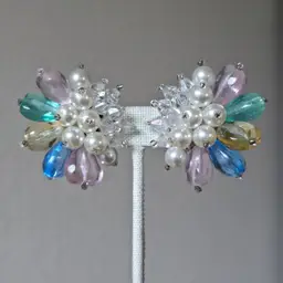 Vintage 80s 90s Clipon Earrings Multi Color Acrylic Faux Pearl AB