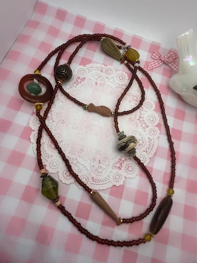 Handmade 60” Bohemian Beaded Necklace with Carved Wooden & Glass Beads