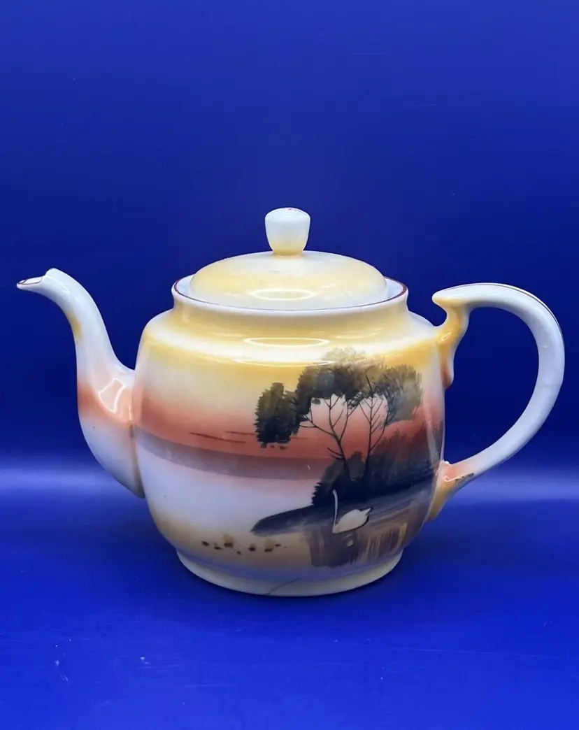 As Is Small Porcelain Teapot Swan Lake Sunset Scene Made In Japan 4.5”