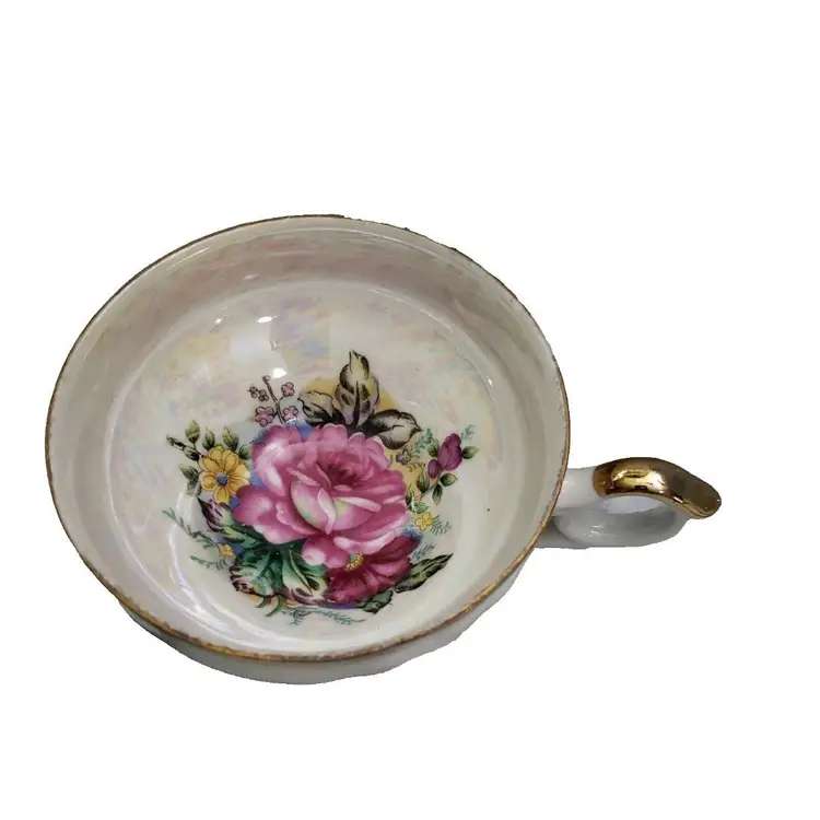 Sterling Japan Lusterware Footed Teacup Gold Trim Floral Design In Cup