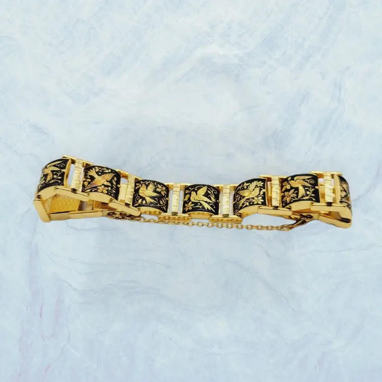 Vintage Damascene Flower and Bird Scenery Costume Statement Bracelet Jewelry