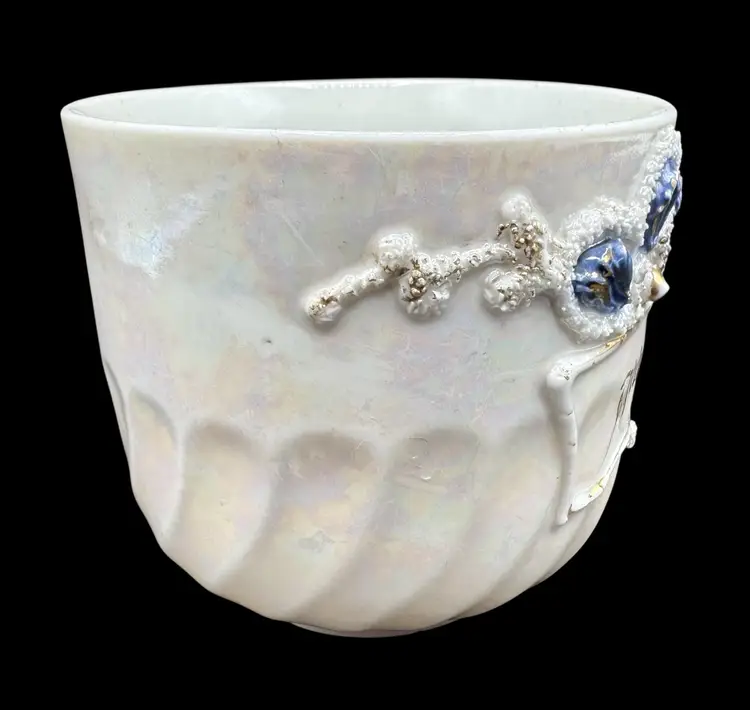 Vintage Porcelain Think of Me Tea Cup Mug Cup Luster Iridescent White Blue Gold