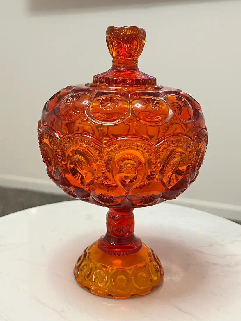 LE Smith Moon and Star Amberina Glass Candy Dish Lidded Compote 10" Glows MCM