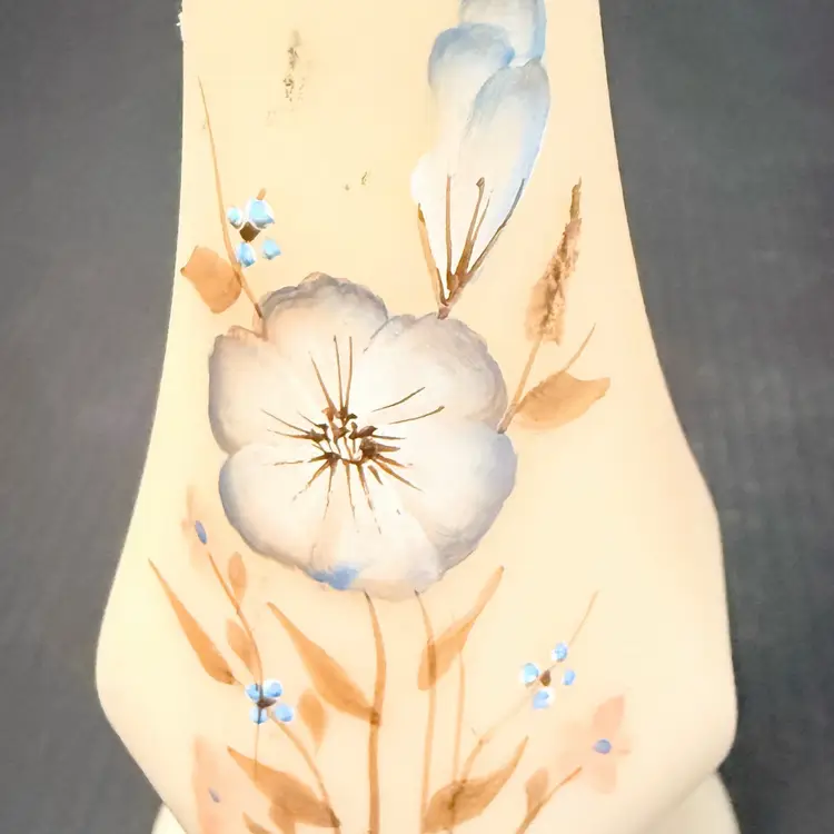 Fenton Satin Glass Swung Vase Flower Blue Pansies Hand Painted Lisa G 8"