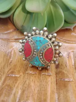 Tibetan Silvertone Turquoise and Red Coral Size 8 Ring