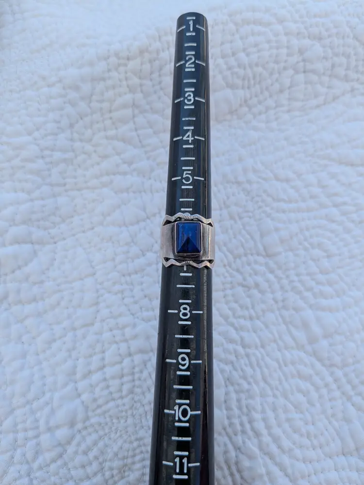 Vintage Wide Sterling Silver Band Ring with Zigzag Edging and Rectangular Lapis Stone, Size 6.5