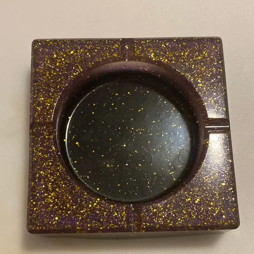 Resin Astray Trinket Dish Purple And Black With Gold Glitter