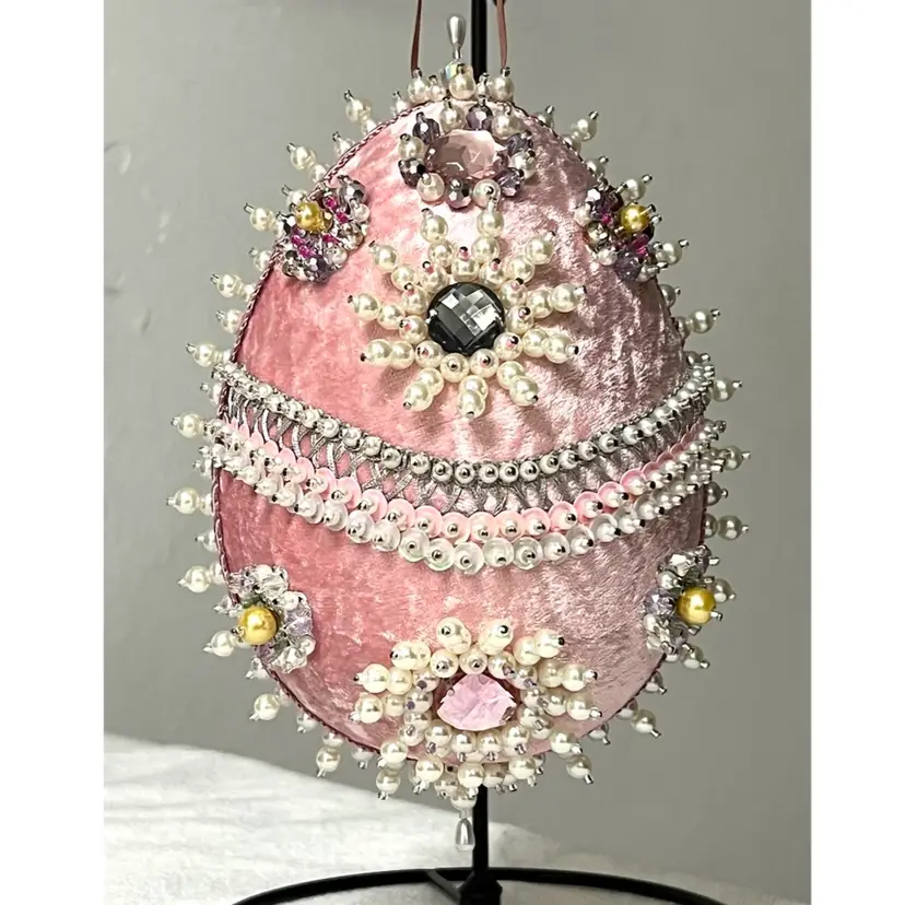 Handmade Vintage Style Push Pin Easter Egg Ornament Pearls Sequins Beads 6 in Height