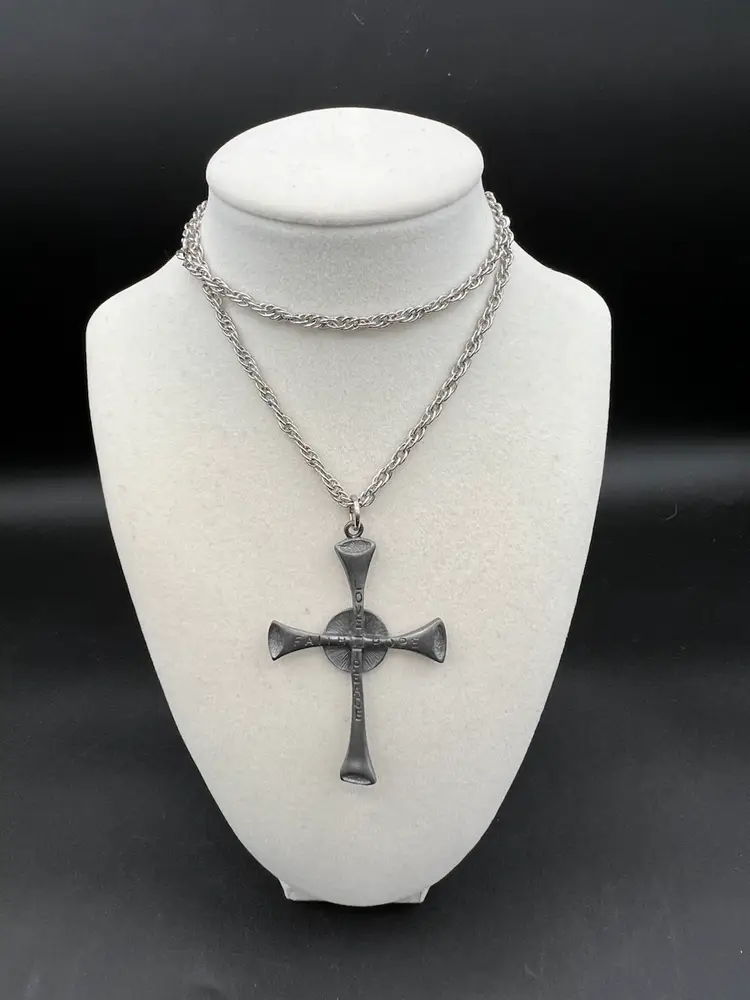 Large Silver Tone Cross With Necklace Stamped GHI 1980 On The Back
