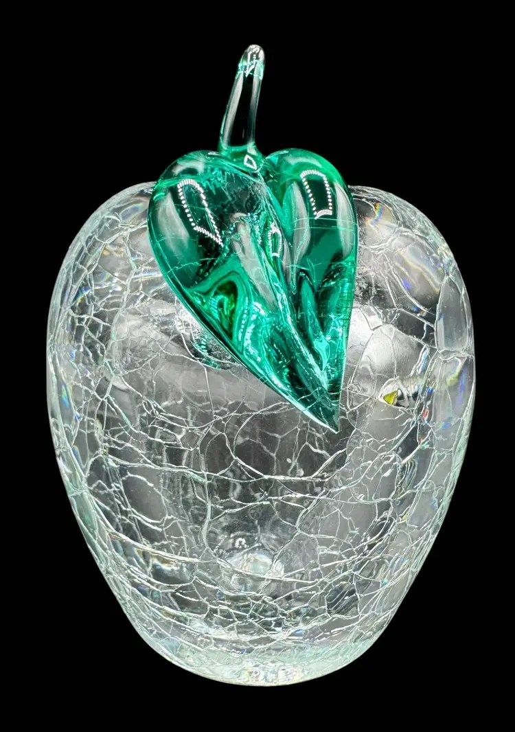 Vintage Art Glass Heavy Apple Shaped Paperweight Clear Aqua Crackle Applied 5”