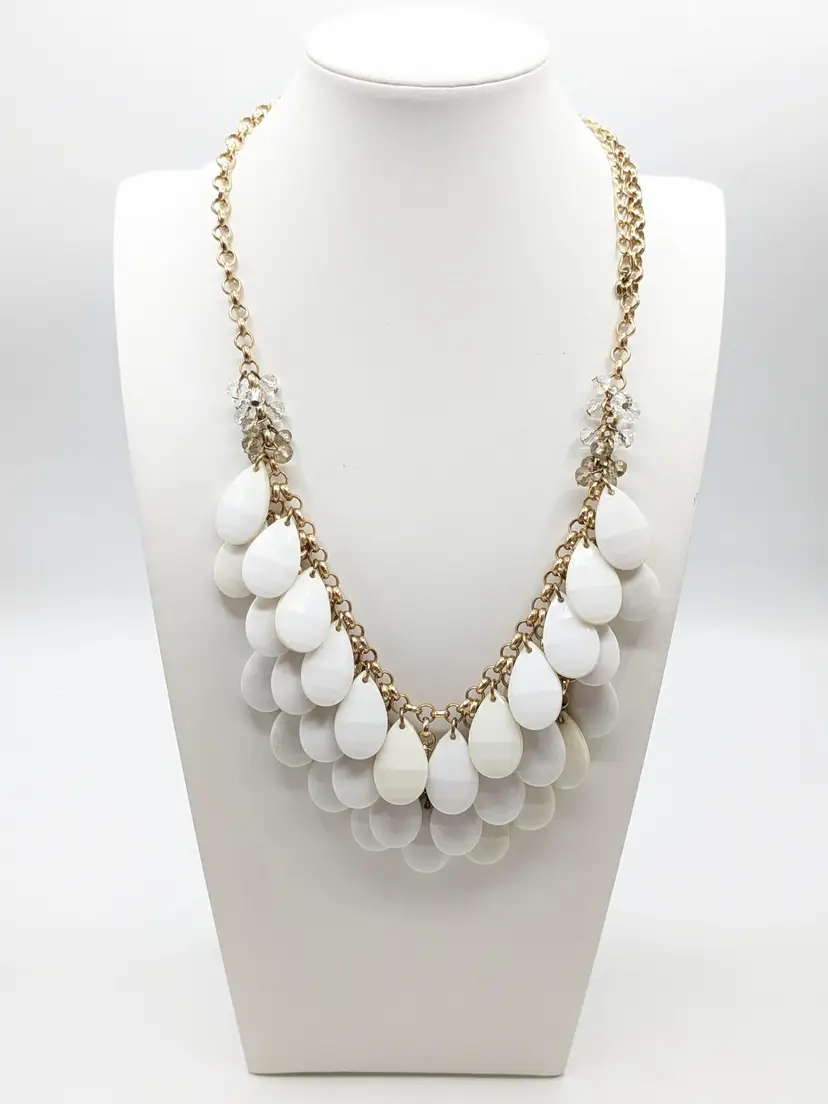 Vintage White Three Tier Faceted Teardrop Beaded Necklace Crystals Gold Tone