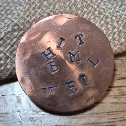 Golf Ball Marker - 1.25 inch diameter - Hit 'em well - Dark Blue Lettering - copper