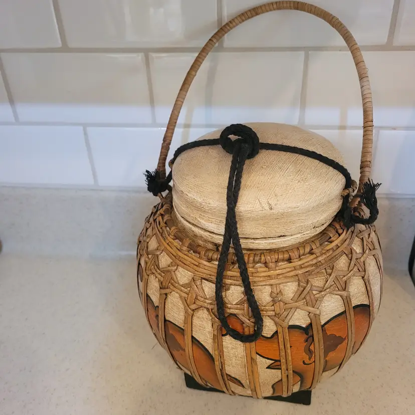 Thai Bamboo Rice Basket Hand Painted Elephants W/Lid Decor Only