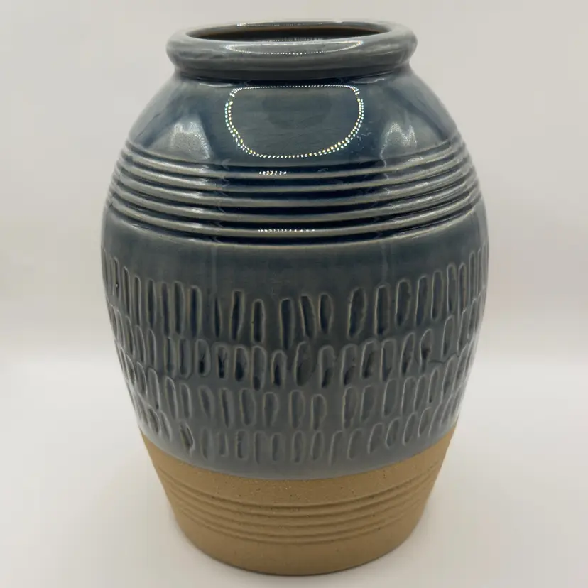 Vintage Blue and Tan Textured Ceramic Vase, Mid-Century Modern Style, Home Decor Accent, Unbranded