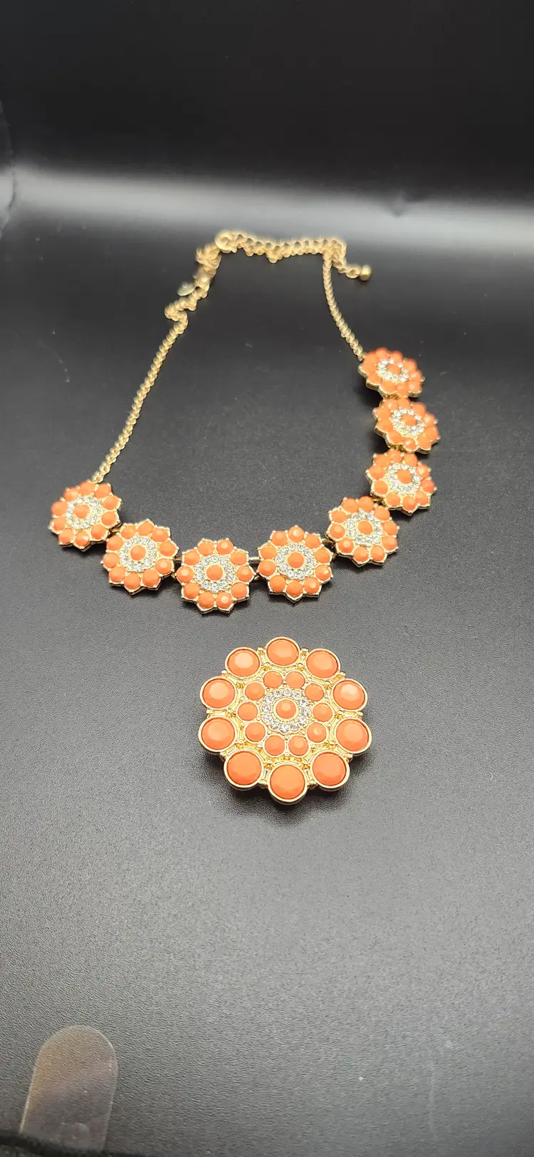 #01 Retro Orange Floral Statement Necklace and Brooch - NOS