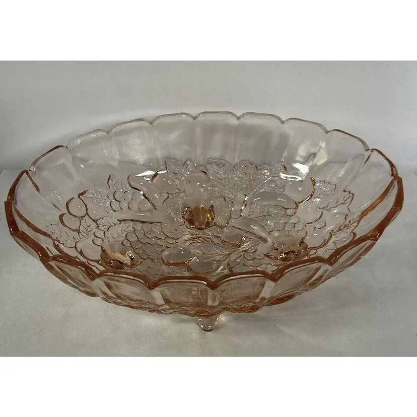 Vintage Pink Depression Glass Harvest Grapes Footed Oval Bowl