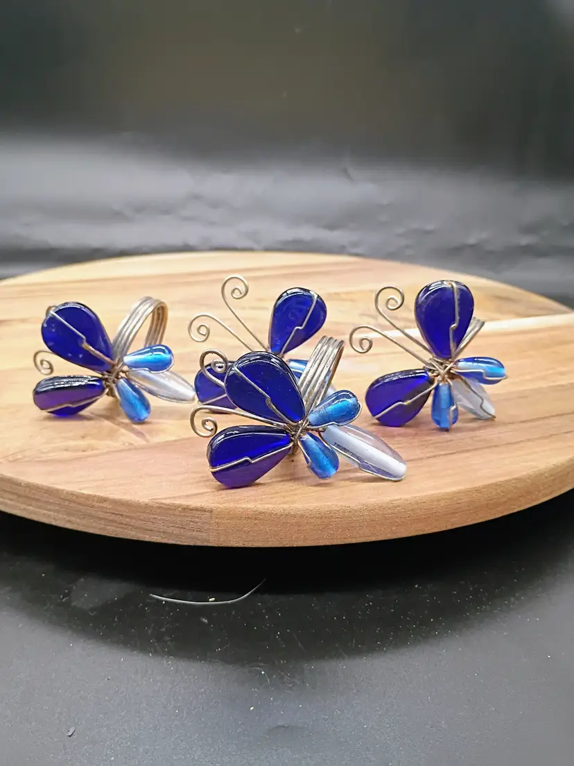 4 PC  Blue Glass Bead Dragonfly Butterfly Napkin Rings Silver Wire Made In India