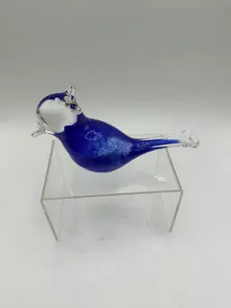 Vintage Signed Blue Clear Swirl Art Glass Bird Paperweight