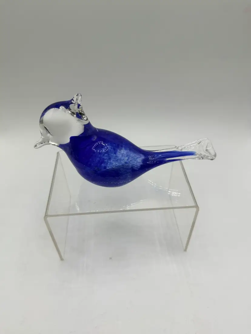 Vintage Signed Blue Clear Swirl Art Glass Bird Paperweight