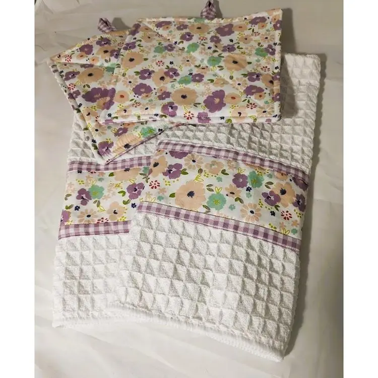 Handmade Country Kitchen Towel 4 piece set - Dish / Tea Towel and Potholders - White and Purple