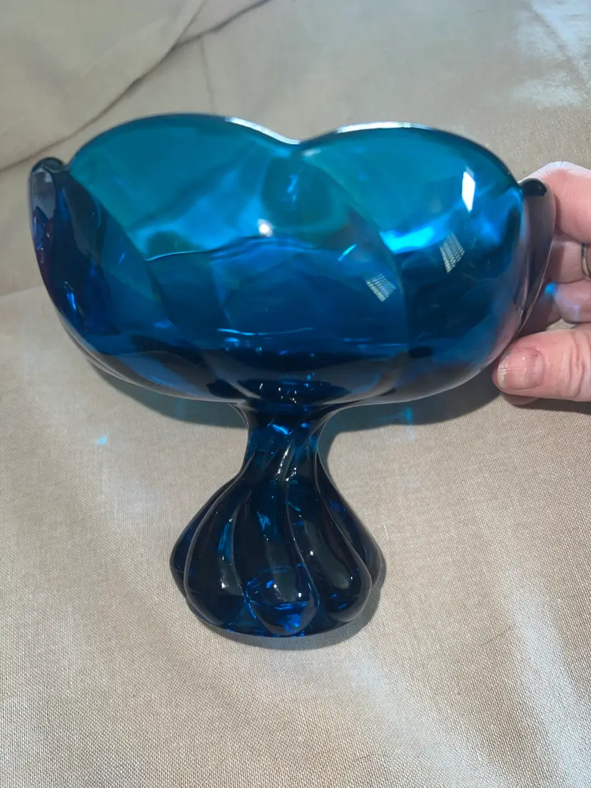 Vtg Compote Viking Glass Dish Bulb Pedestal Blue Scalloped Petal Edge Centerpiec