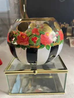 MacKenzie Childs Heirloom Rose Bowl Hand Painted Striped Floral Marked