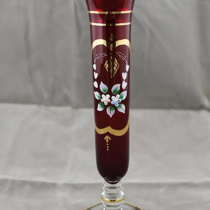 Vintage Bohemian Ruby Red Gold Gilded Hand Painted Floral Bud Vase