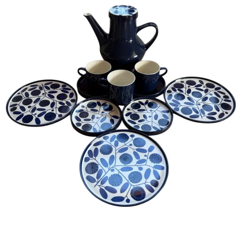 Melitta Stockholm Germany 1960s Tea Pot, 3 Mugs, 4 Saucers, 3 Sandwich Plates