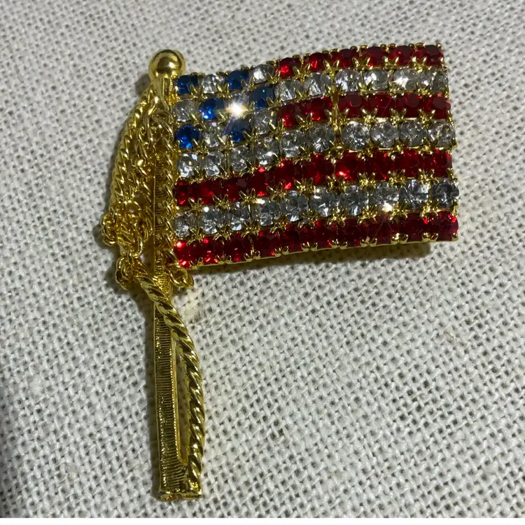 American Flag Prong Set Rhinestones Gold Tassels 2 Inches Red White Blue