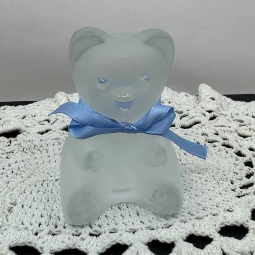 Vintage Nybro satin glass bear figurine with a blue ribbon, Made In Sweden, 3.5”