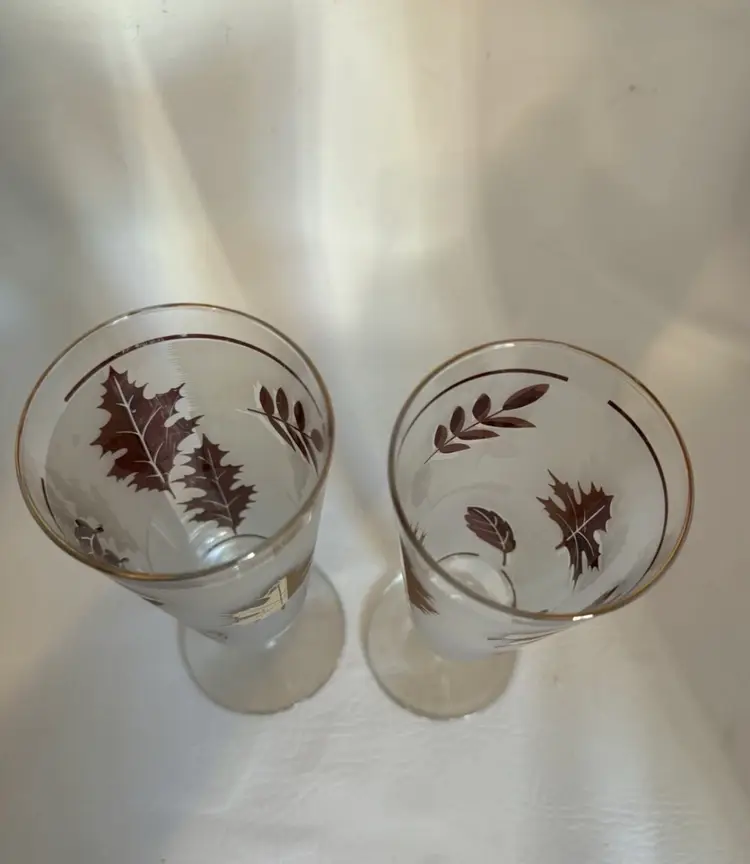 Vintage Libbey Frosted Gold Leaf Pilsner Glasses Set Of 2 MCM Barware 12 oz