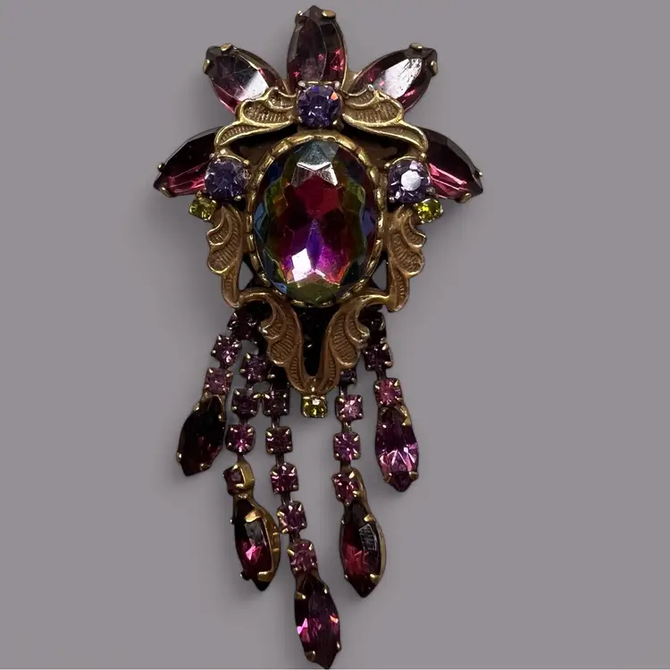 Vintage Juliana Brooch Pin Watermelon Purple Green Rhinestones 3”