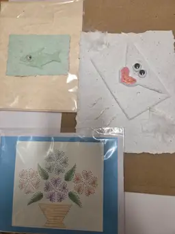 Lot of 3 Hand Made Greeting Cards Fish, Basket, and Heart