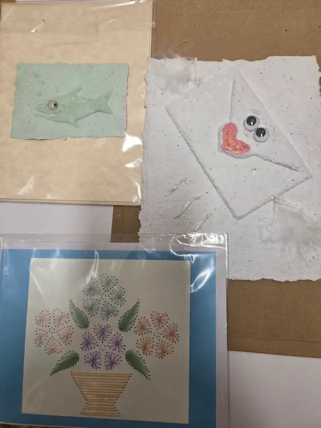 Lot of 3 Hand Made Greeting Cards Fish, Basket, and Heart