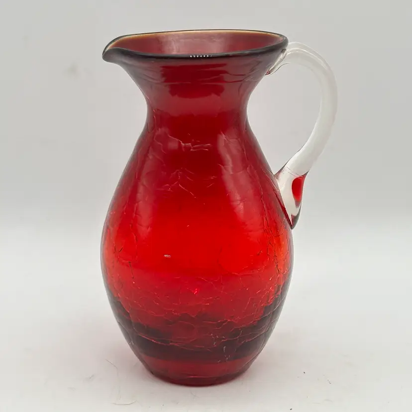 Vintage Ruby Red Hand Blown Crackle Glass Small Pitcher Creamer Glows