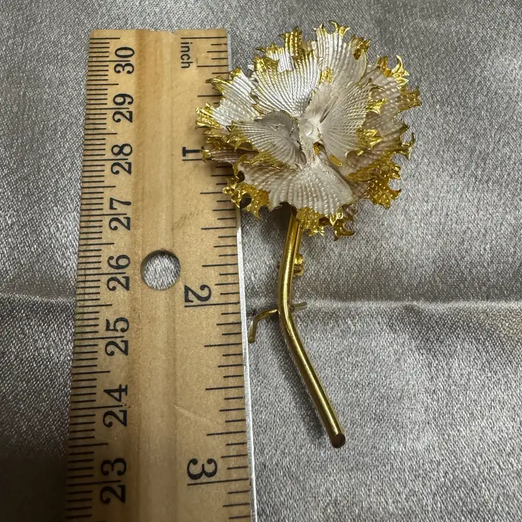 Vintage Two-Tone Gold & White Textured Carnation Flower Brooch, 3" Floral Pin