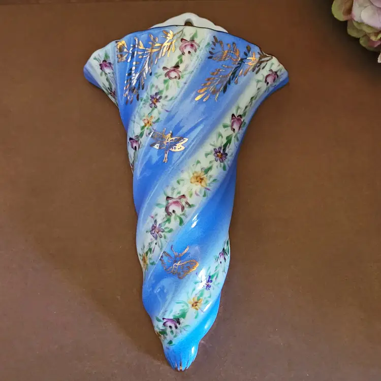 Vintage Limoges China (Faux?) Blue and White Floral Wall Pocket - As Is