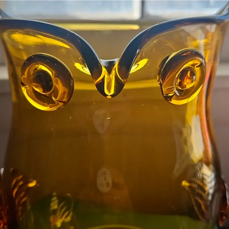 Hand-blown Amber Glass Owl Vessel 8"