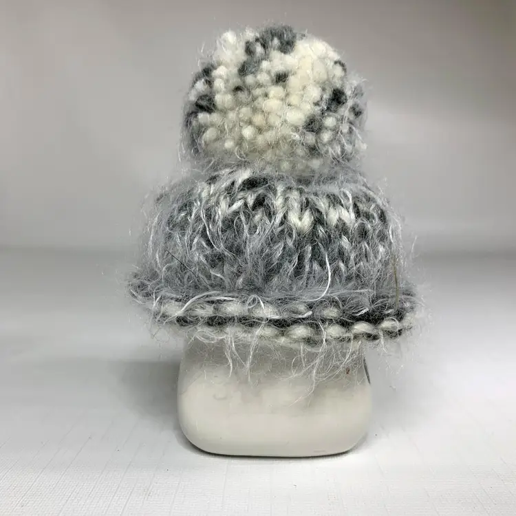 Fuzzy PomPom Marshmallow Mug Hat Gray Rolled Brim Knit Rae Dunn Tier Tray Decor