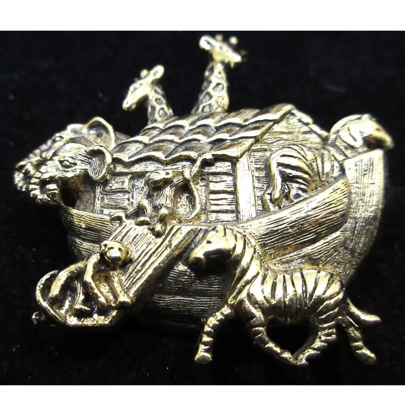 Vintage Retro Noah’s Ark Gold Tone Metal Brooch Pin - 1.75"x1.75"