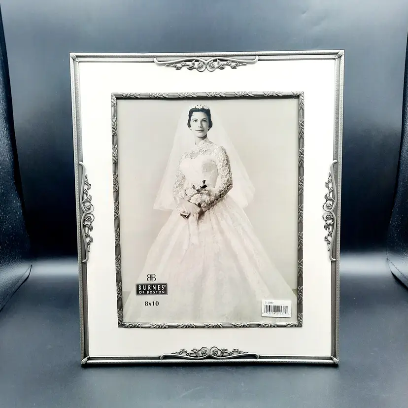 Vintage 1997 Burnes of Boston 8x10 Romantic Occasions Photo Frame Matte Pewter & Moire Fabric