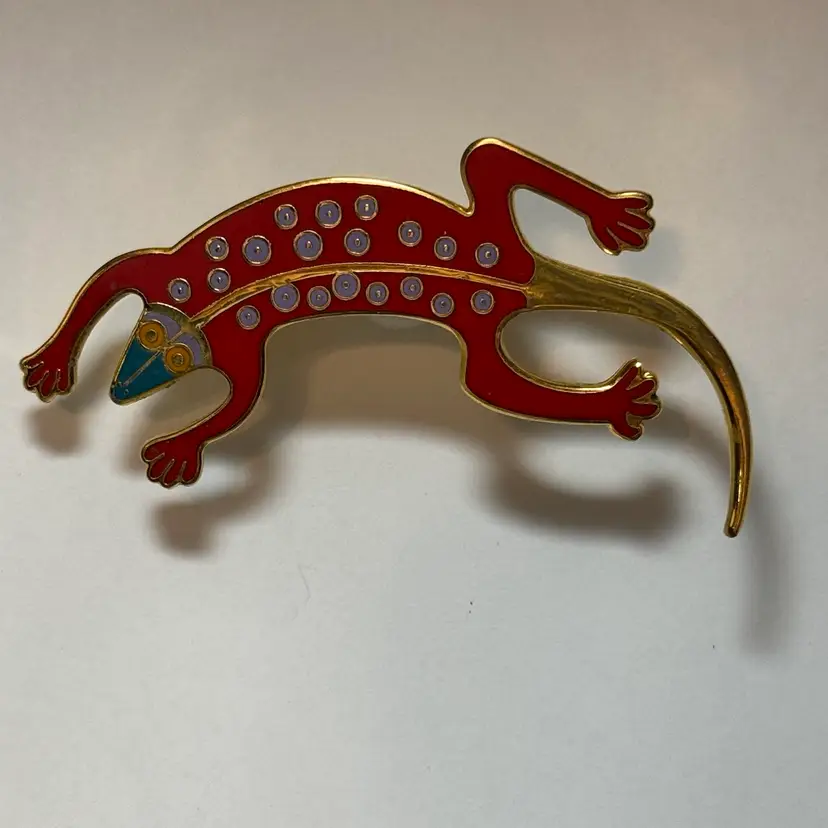 Laurel Burch LIZARD Cloisonné Enamel Brooch Gold Tone 2 5/8” Wide