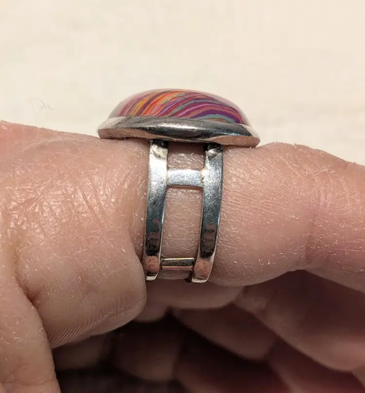 Vintage Sterling Silver Ring with Striped Red Casilica Cabachon, Size 8.25