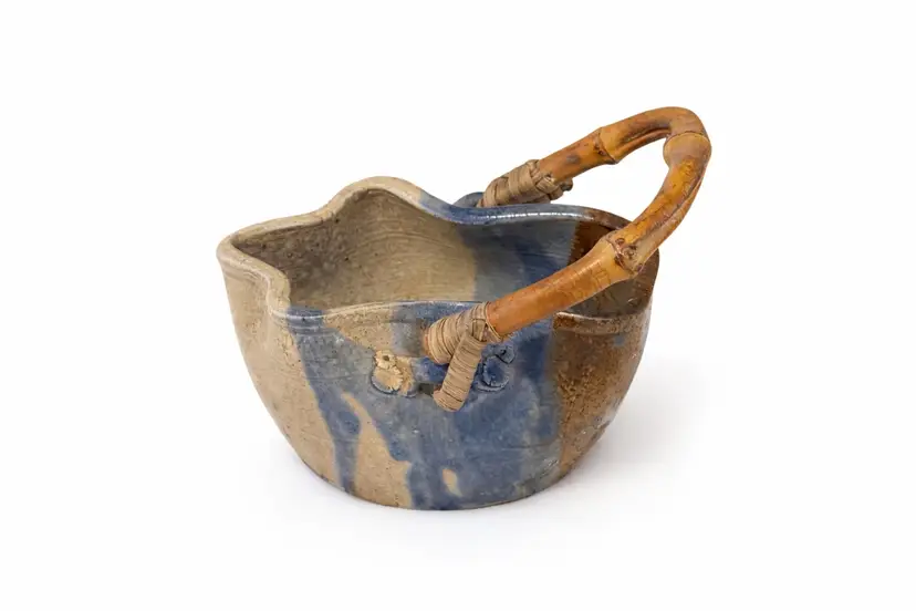 Signed Handmade Studio Pottery Basket With Bamboo Handle