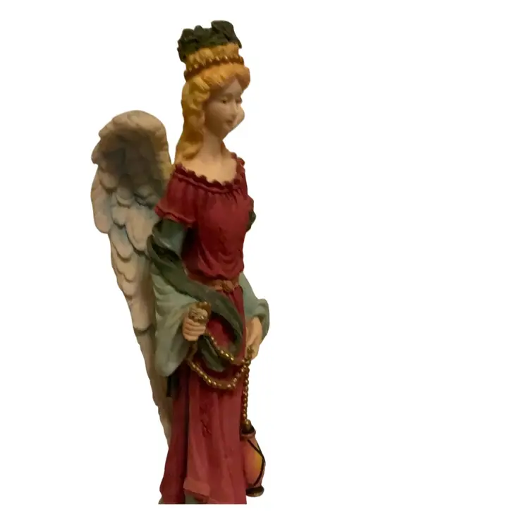 12. Gorgeous 12.5” Tall Angel Figurine Wearing Magenta Color Dress And Holding A Lit Oil Light