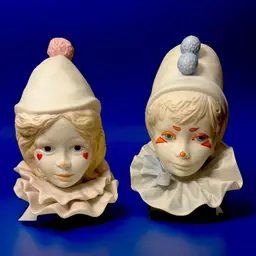 Pair Cybis Porcelain Clown Heads on Wooden Base SET Funny Face & Valentine VTG