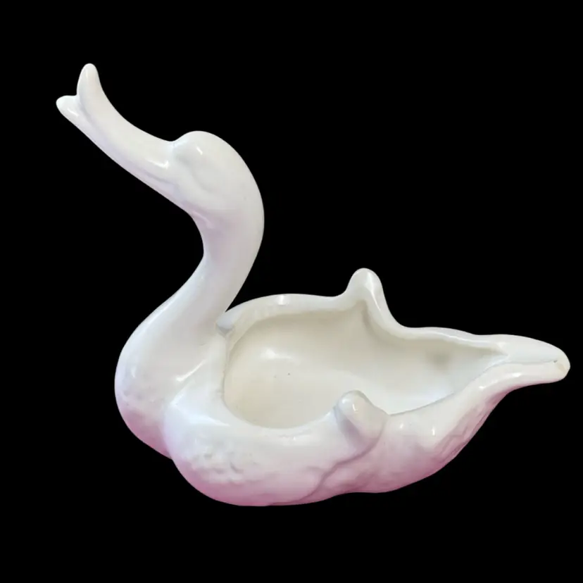 1950s Vintage white glossy ceramic Hull Pottery swan planter or trinket dish.