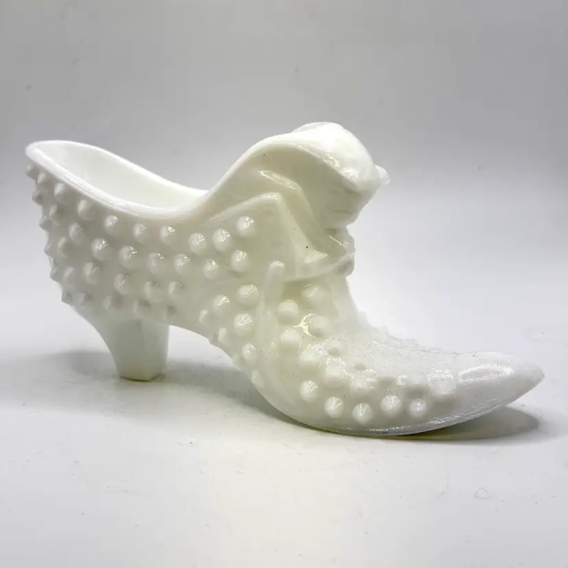 White Milk Glass Hobnail Cat Shoe 3”x6”