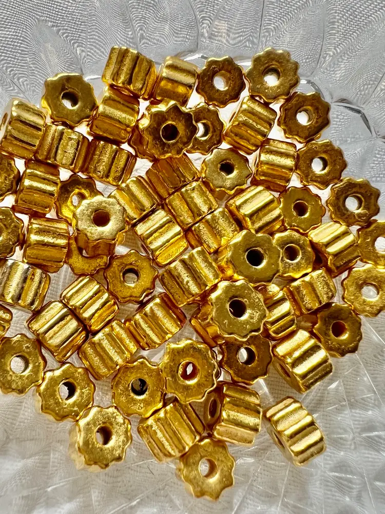 Mykonos Greek Ceramic Fluted Barrel, 24K GOLD Plated 10Pcs 6mm x 9mm DIY #J-1